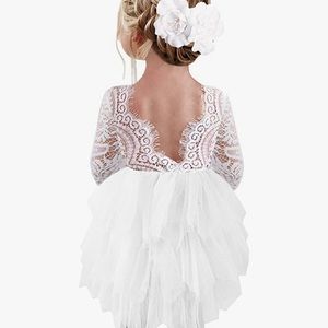 Girls lace-back sleeved flower girl dress with tulle tutu. Size 12 months.